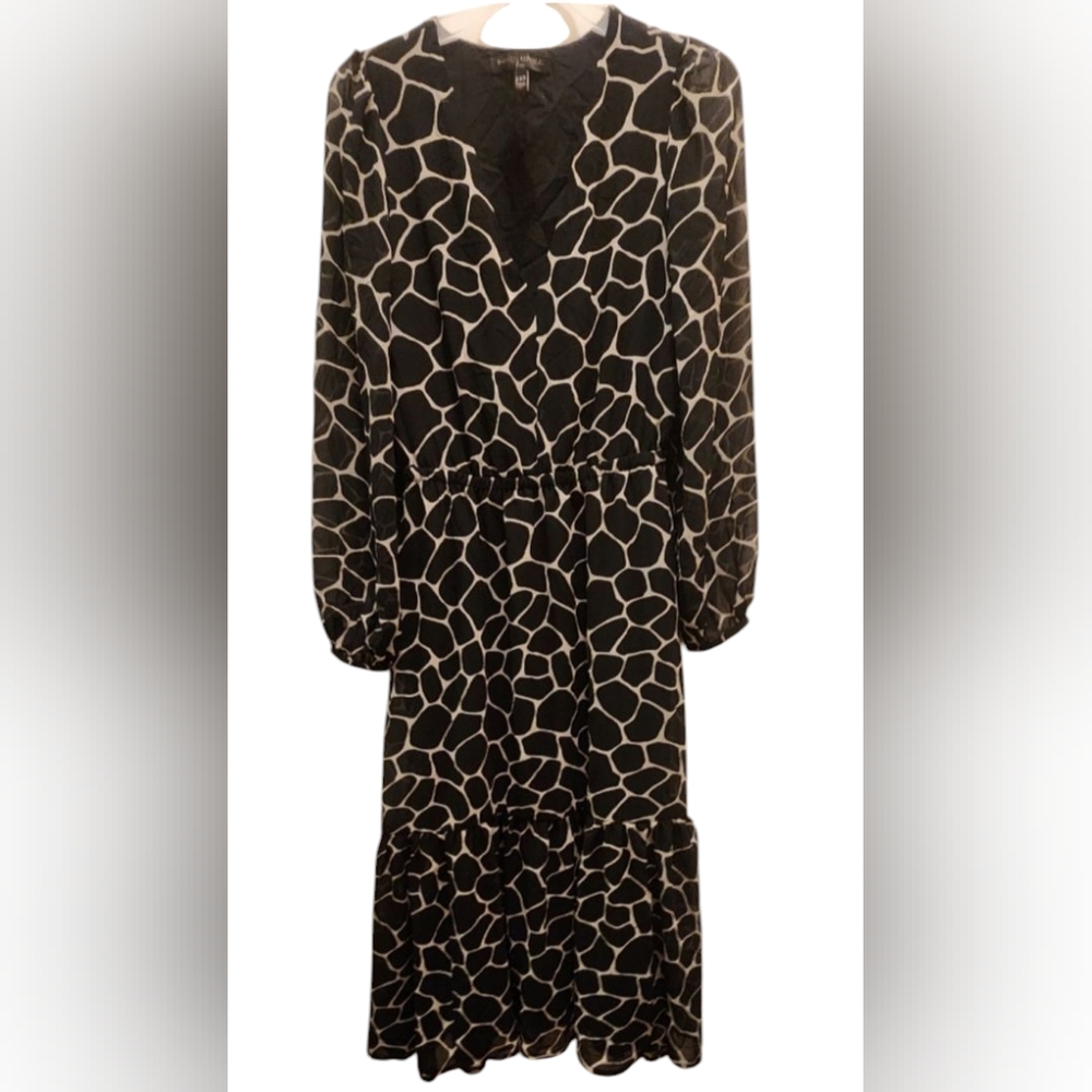 Banana Republic Sheer Long Sleeve Ruffled Bottom Animal Print Lined Dress